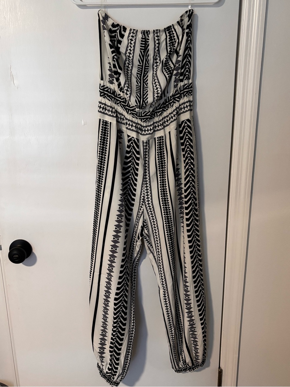 SHEIN Black & White Strapless Geometric Print Jumpsuit